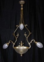 Art Nouveau chandelier with a glass bowl and three lanterns 1