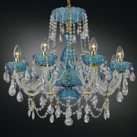 Blue and orange design crystal chandeliers made of cut colored glass